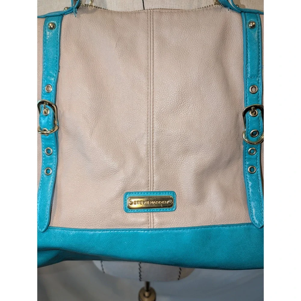 Steve Madden Two Tone Beige Teal Pebbled Faux Leather Hobo Bag Gold Hardware
